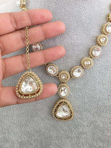 Antique Dull Gold Kundan Pearl Necklace Set