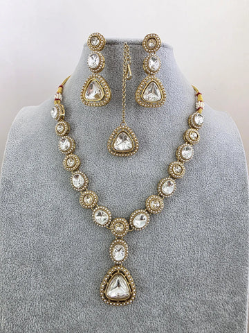 Antique Dull Gold Kundan Pearl Necklace Set
