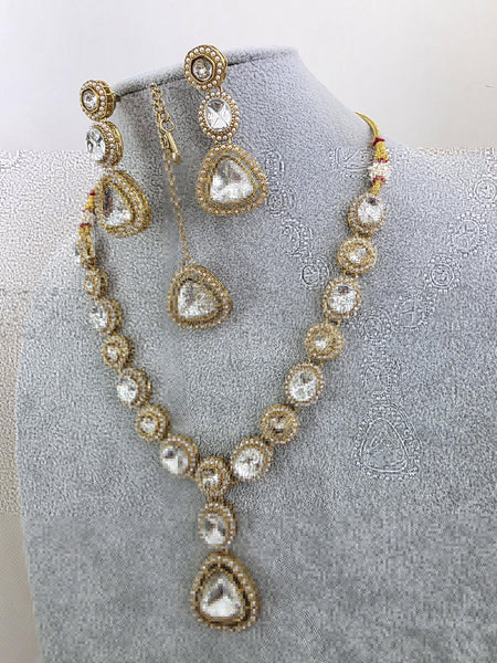 Antique Dull Gold Kundan Pearl Necklace Set