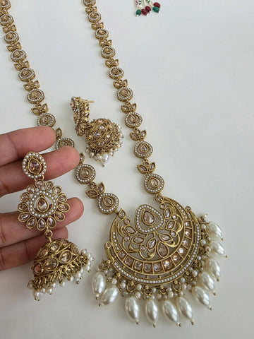 Long Antique dull gold plated Polki Mala Necklace