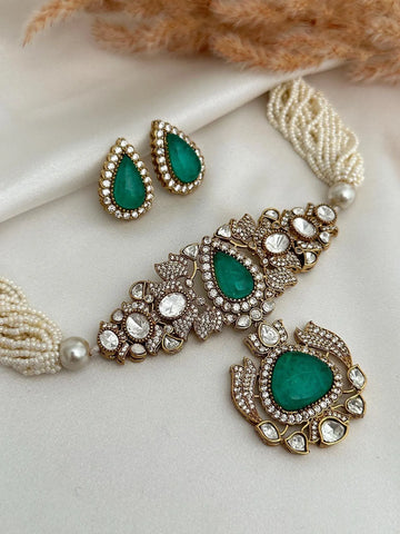 Green Victorian Sabyasachi inspired uncut polki Kundan choker Necklace