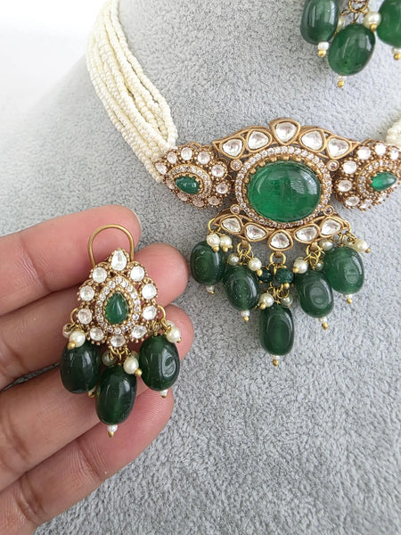 Green Doublet Moissanite Pearl Kundan Necklace