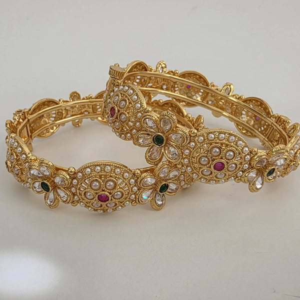 Set of 2 Ruby Green Gold Polki Pearl Bangles(2 PC)