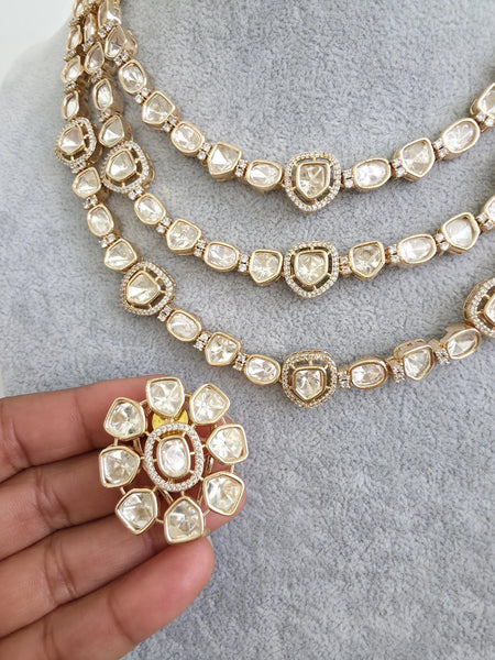 Premium Moissanite Kundan 3 line Necklace