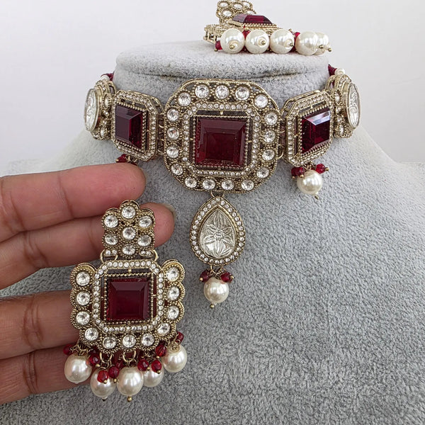 Maroon Red Pearl Kundan choker Necklace