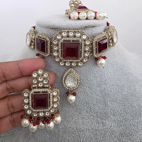 Maroon Red Pearl Kundan choker Necklace
