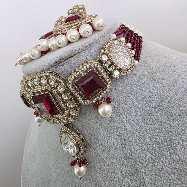 Maroon Red Pearl Kundan choker Necklace