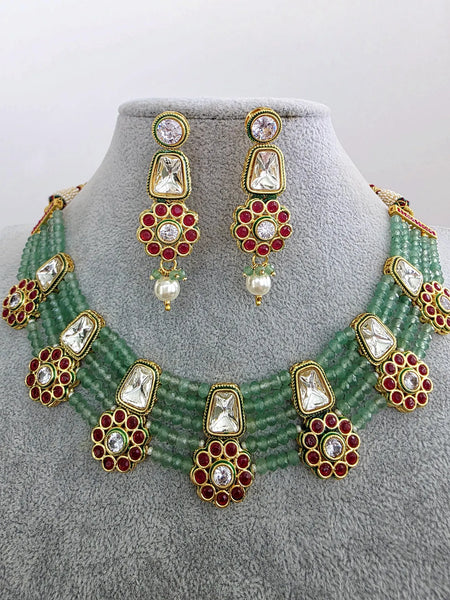 Mint Green Meenakari uncut kundan Cz Pearl Choker Necklace