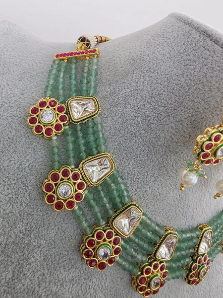 Mint Green Meenakari uncut kundan Cz Pearl Choker Necklace