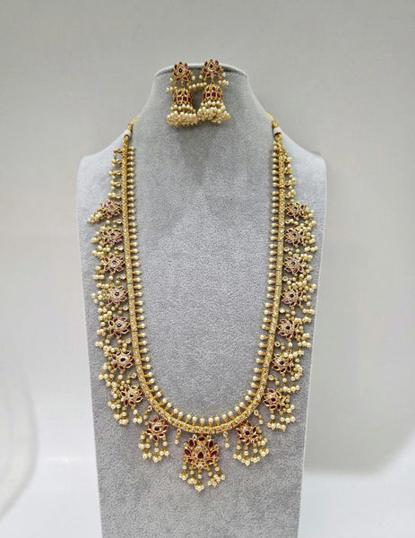 Ruby Red Antique Gold Lotus Temple Long Necklace