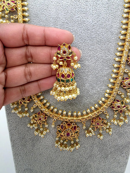 Ruby Green Antique Gold Lotus Temple Long Necklace