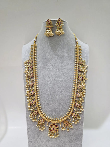 Ruby Green Antique Gold Lotus Temple Long Necklace