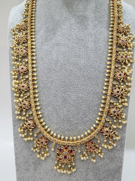Ruby Green Antique Gold Lotus Temple Long Necklace