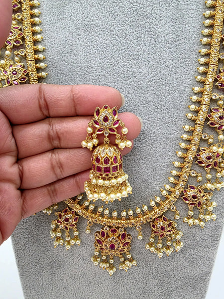 Ruby Red Antique Gold Lotus Temple Long Necklace