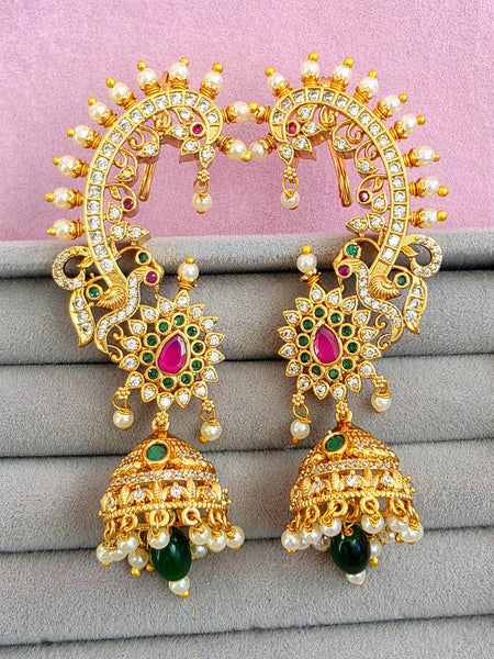 Ruby Green Antique Gold-plated Kemp Jhumka Earcuff Earrings