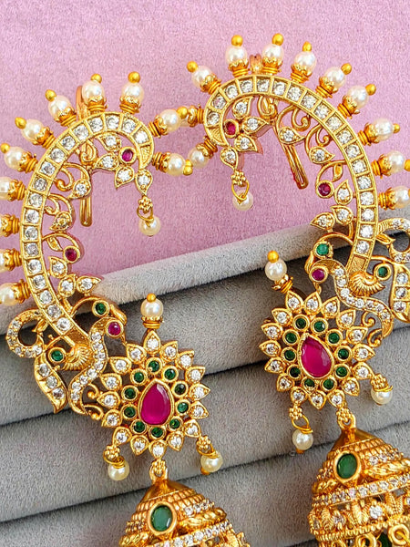 Ruby Green Antique Gold-plated Kemp Jhumka Earcuff Earrings
