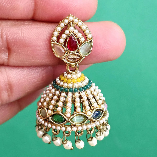 Multi dull Gold plated Polki Jhumka