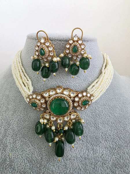 Green Doublet Moissanite Pearl Kundan Necklace