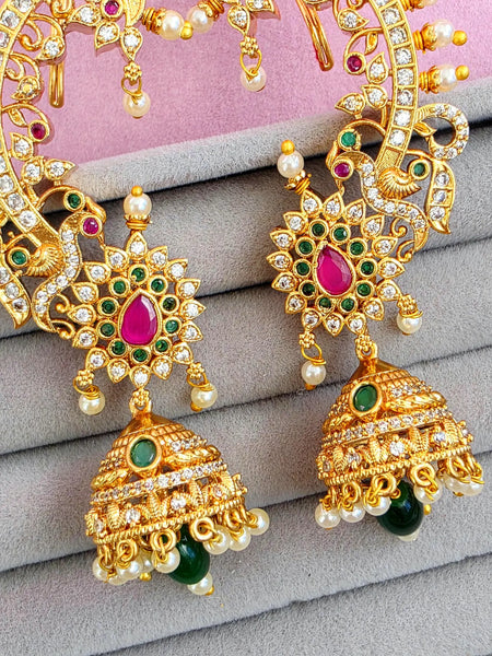 Ruby Green Antique Gold-plated Kemp Jhumka Earcuff Earrings