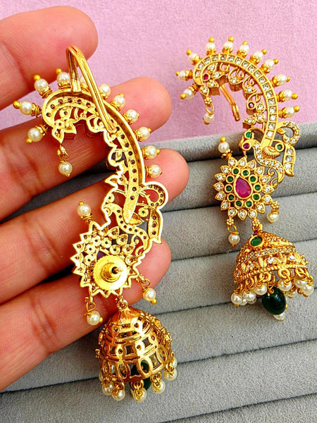Ruby Green Antique Gold-plated Kemp Jhumka Earcuff Earrings