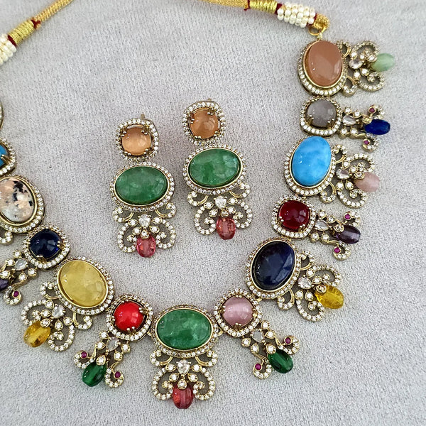 Navratan Victorian Natural Stones CZ Choker Necklace Earring Set
