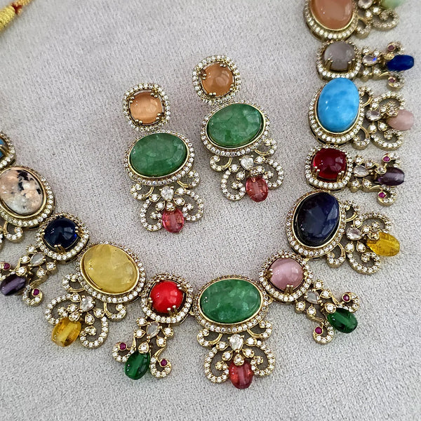 Navratan Victorian Natural Stones CZ Choker Necklace Earring Set