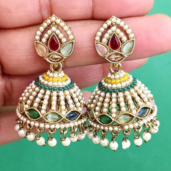 Multi dull Gold plated Polki Jhumka
