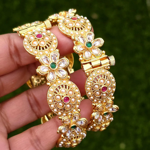 Set of 2 Ruby Green Gold Polki Pearl Bangles(2 PC)