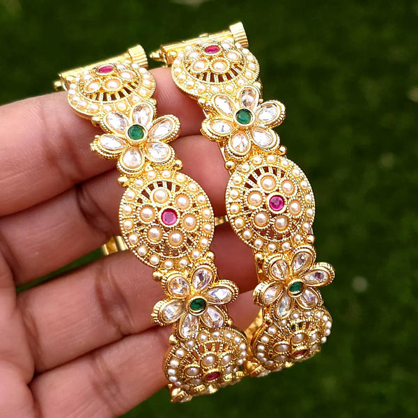 Set of 2 Ruby Green Gold Polki Pearl Bangles(2 PC)