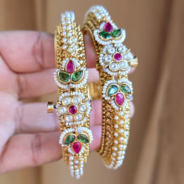 RubyGreen Kemp Stones Gold Rajwadi Kundan openable Kada Bangles