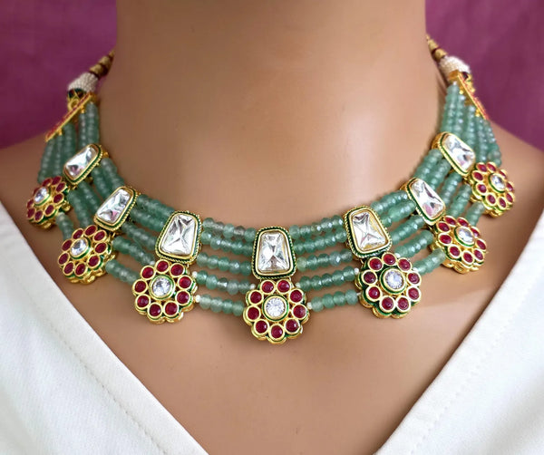 Mint Green Meenakari uncut kundan Cz Pearl Choker Necklace