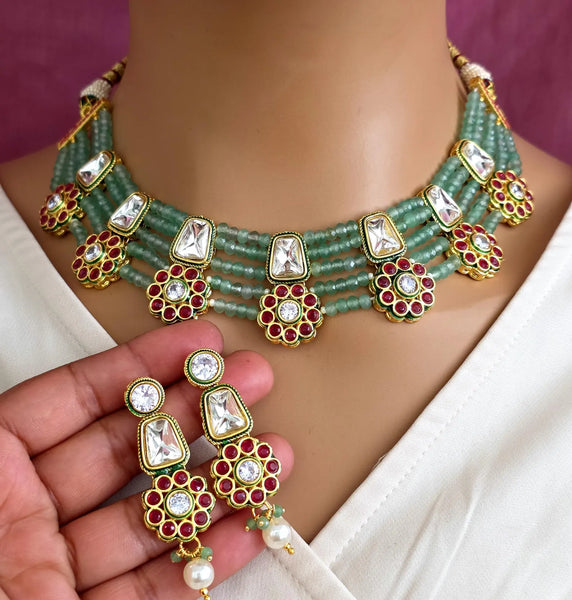 Mint Green Meenakari uncut kundan Cz Pearl Choker Necklace