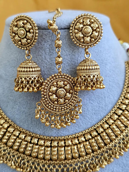 Antique Gold Necklace with Earrings and Tikka