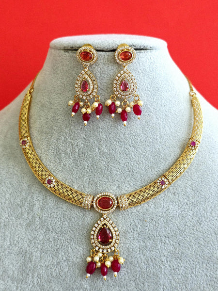 Handmade Red Ruby Gold Hasli Necklace and Earring Set