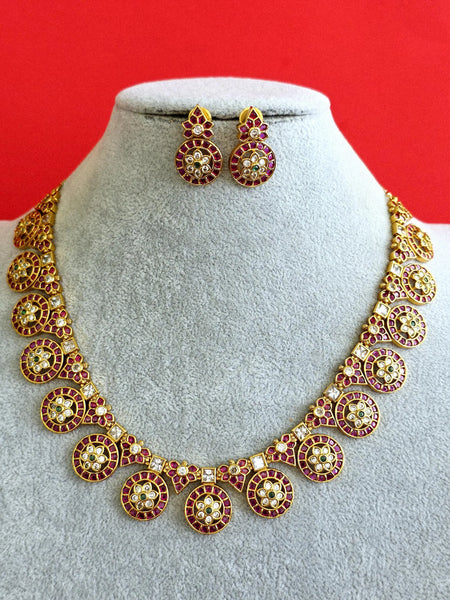 RubyGreen Gold Jadau Rajwadi Temple Necklace and Earring Set
