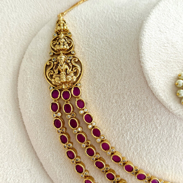 Ruby Gold Laxmi Necklace Temple Set with Earrings