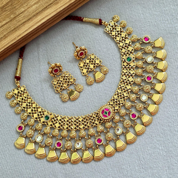 Matte Gold Plated Rajwadi Choker Necklace, Ruby Green Kemp Stone