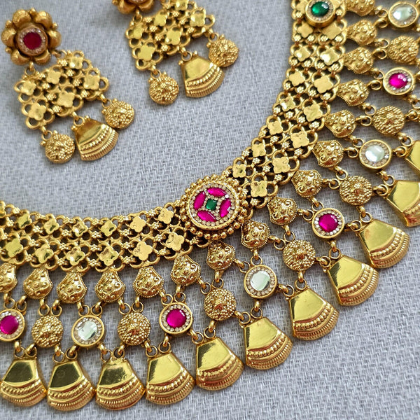 Matte Gold Plated Rajwadi Choker Necklace, Ruby Green Kemp Stone