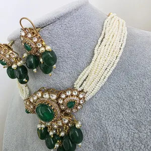 Green Doublet Moissanite Pearl Kundan Necklace
