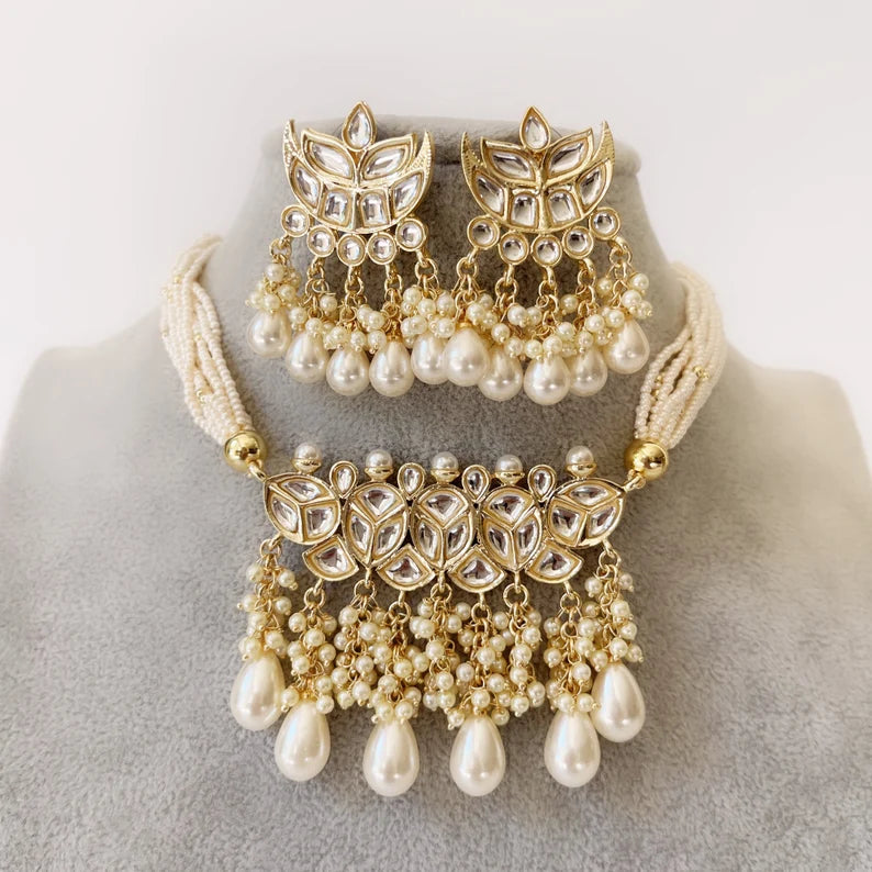 White Pearl Kundan Choker Necklace Set ShopBollyWear.Com