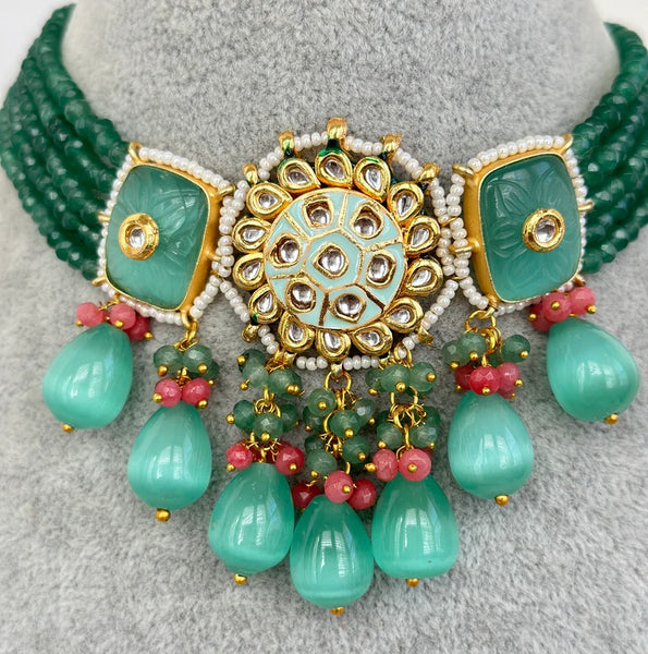 Mint Rajwadi Jaipuri Kundan Meenakari Necklace Set