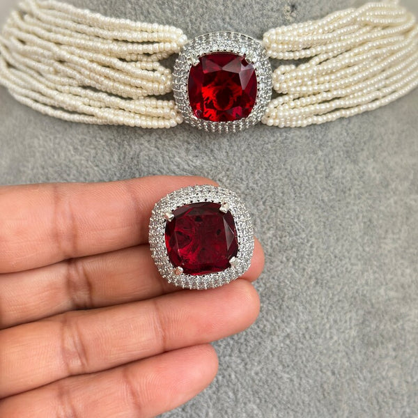 Ruby Stone CZ Pearl Choker Set