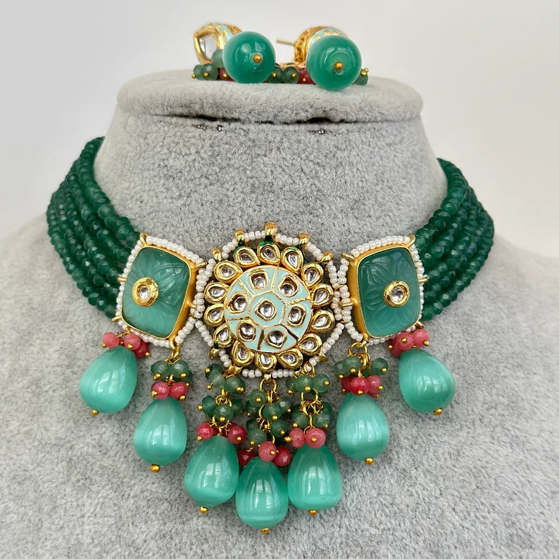 Mint Rajwadi Jaipuri Kundan Meenakari Necklace Set