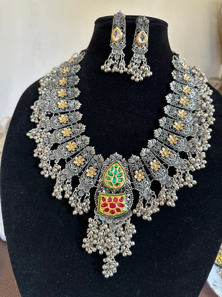 Fusion styled Oxidized black metal long kundan necklace and earring set