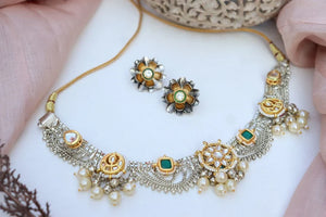 German silver Oxidized necklace choker set with Kundan and Green Colored Stones