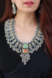 Fusion styled Oxidized black metal long kundan necklace and earring set
