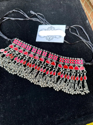 Red Afghani mirror choker neckline necklace