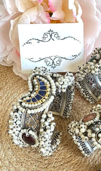 Silver Kundan pearl adjustable kadas cuffs