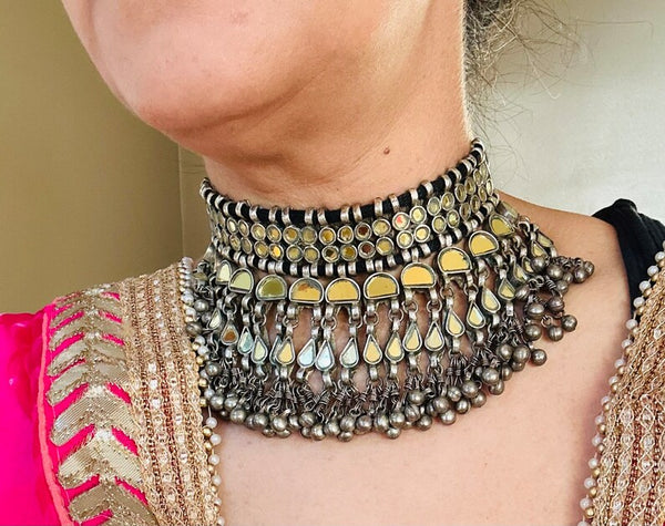 Yellow Afghani Real Glass multilayer choker neckline necklace