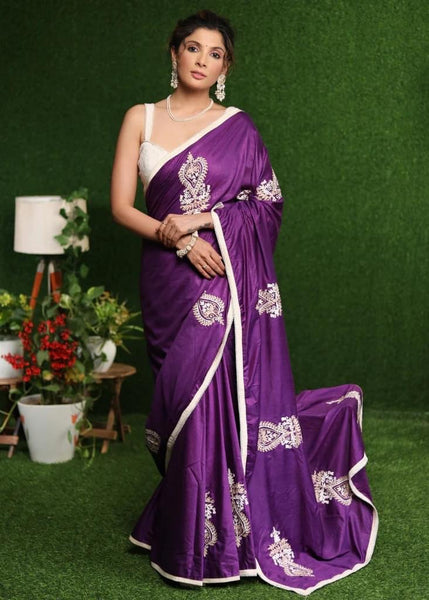 PURPLE COTTON SILK SAREE WITH BEIGE EMBROIDERY MOTIFS